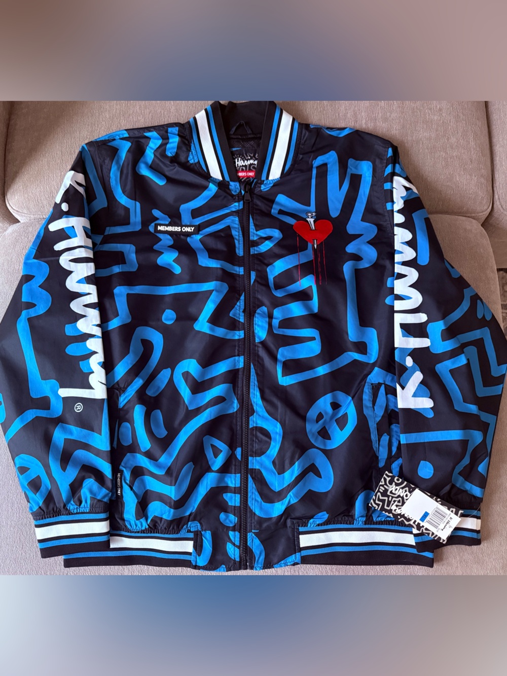 Members Only Black Jacket with Bright Blue Graffiti & Red Heart